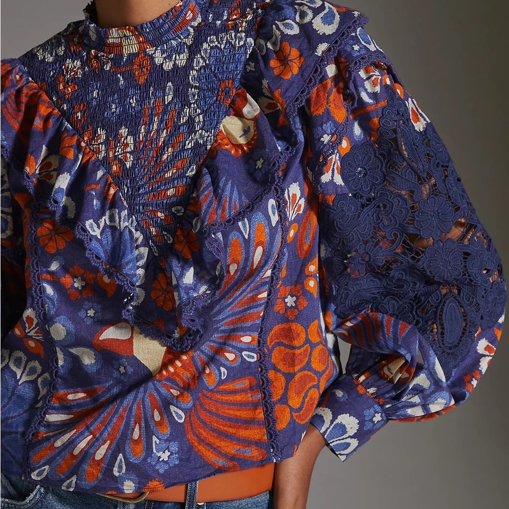 FARM Rio Navy, Orange & White Floral Smocked Blouse